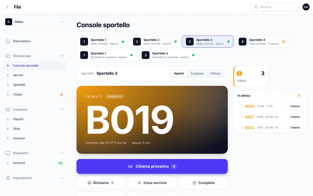 Console sportello di Fila con il numero B019 chiamato, il pulsante Chiama prossimo e la lista In attesa