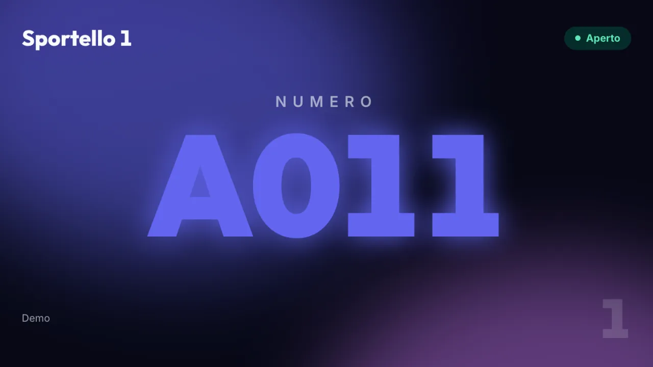 Display sportello di Fila con il numero A011 in servizio allo Sportello 1 e lo stato Aperto