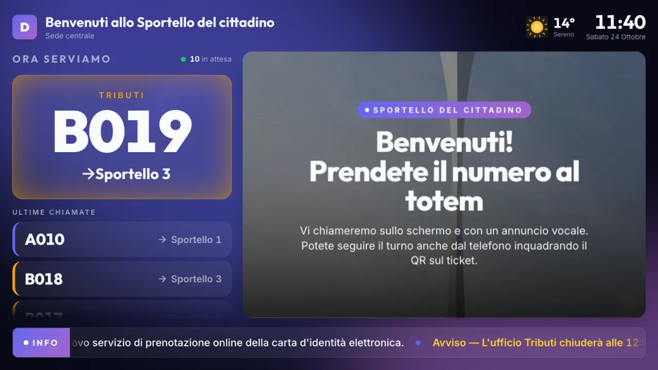 Monitor sala d'attesa di Fila con il numero B019 chiamato allo Sportello 3, ultime chiamate e contenuti informativi