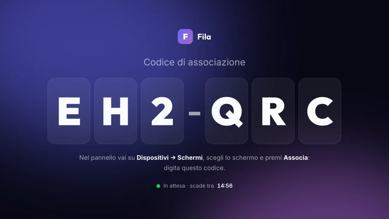 Pagina di associazione di Fila su uno schermo con il codice a sei caratteri e la scadenza di 15 minuti