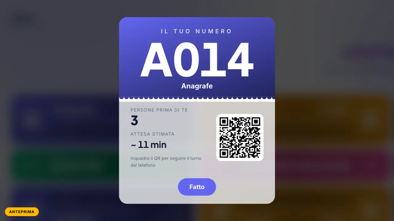 Ticket A014 emesso dal totem di Fila con persone prima di te, attesa stimata e QR